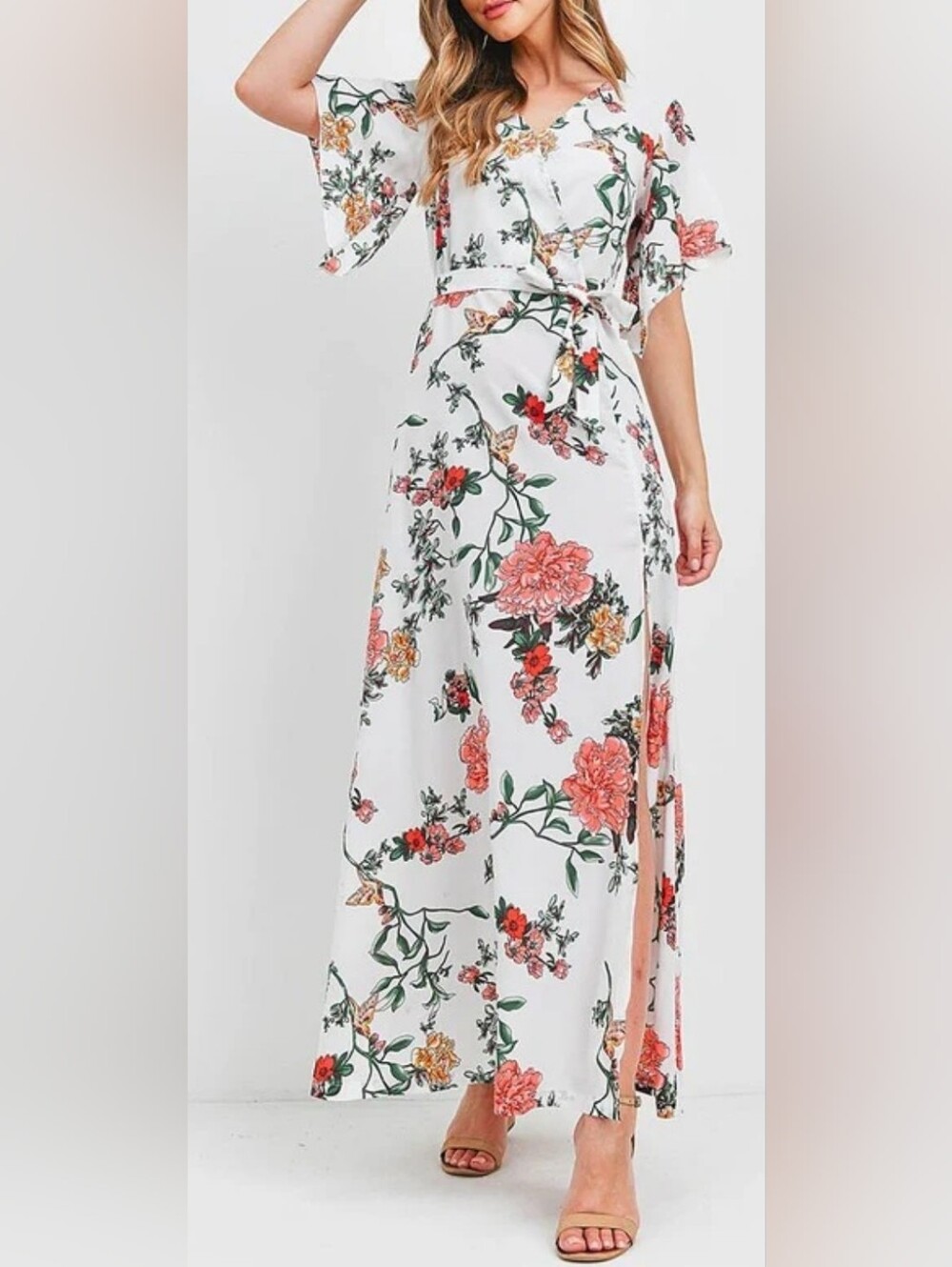 New White and Cream Off-the-Shoulder Maxi Dress with Flutter Sleeves
